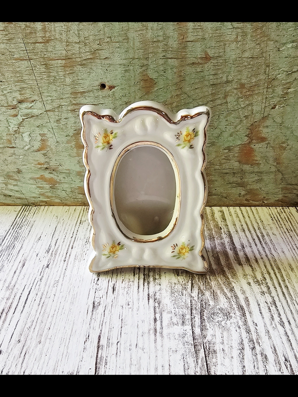 Vintage Lefton Porcelain Miniature Picture Frame Yellow Floral w/ Gold Trim Oval